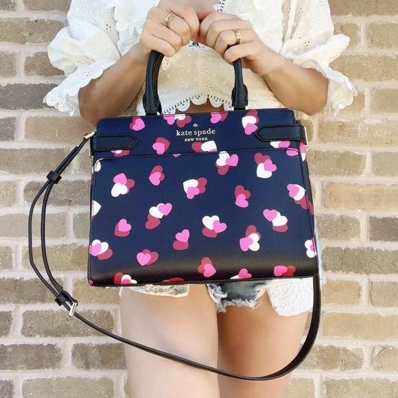 Kate Spade  Staci Flutter Hearts Heart Printed Medium Satchel Black crossbody - Picture 1 of 10